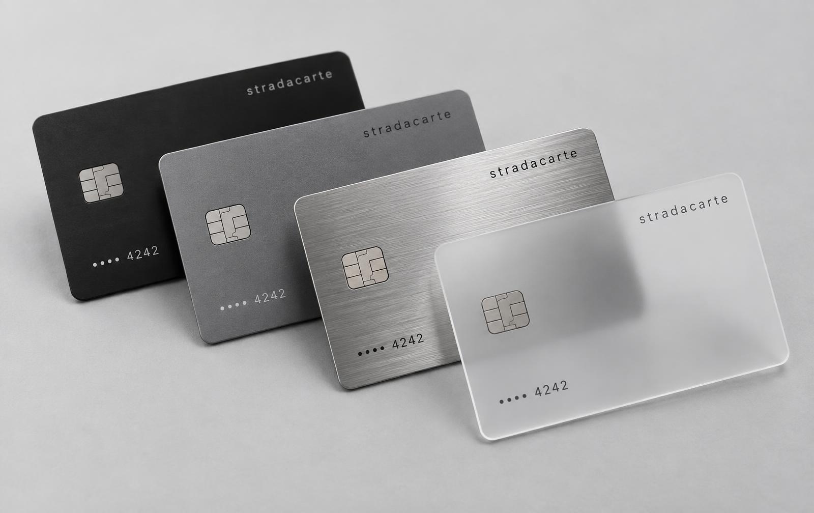 Stradacarte cards in four material finishes